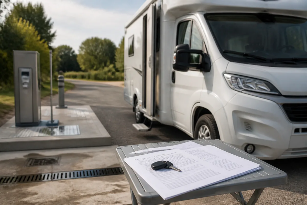 Clé et contrat de location posés sur une table devant un camping‑car garé sur une aire de service