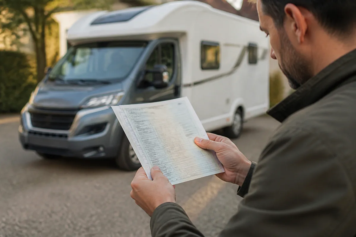 Main tenant une carte grise et pointant le champ F2 (PTAC) avec un camping-car garé en arrière-plan