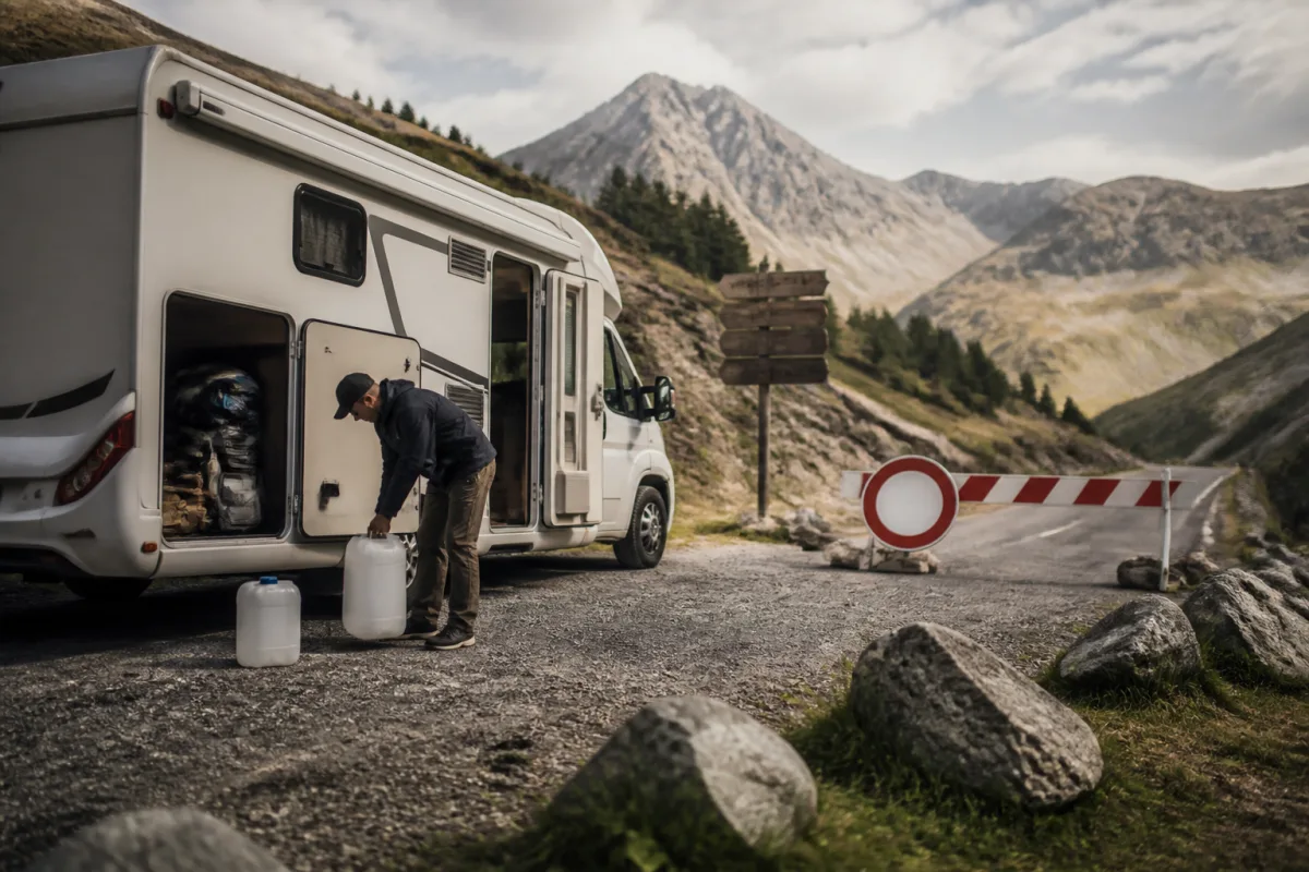 Camping-car garé près d’un panneau de fermeture temporaire et jerrican posé au sol