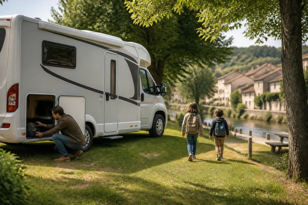 Camping‑car garé sur une aire, enfants avec sacs et adulte fermant la soute