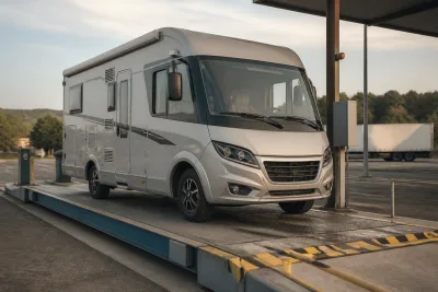 Camping‑car posé sur une plateforme de pesée, plaque de masse visible et balance en premier plan