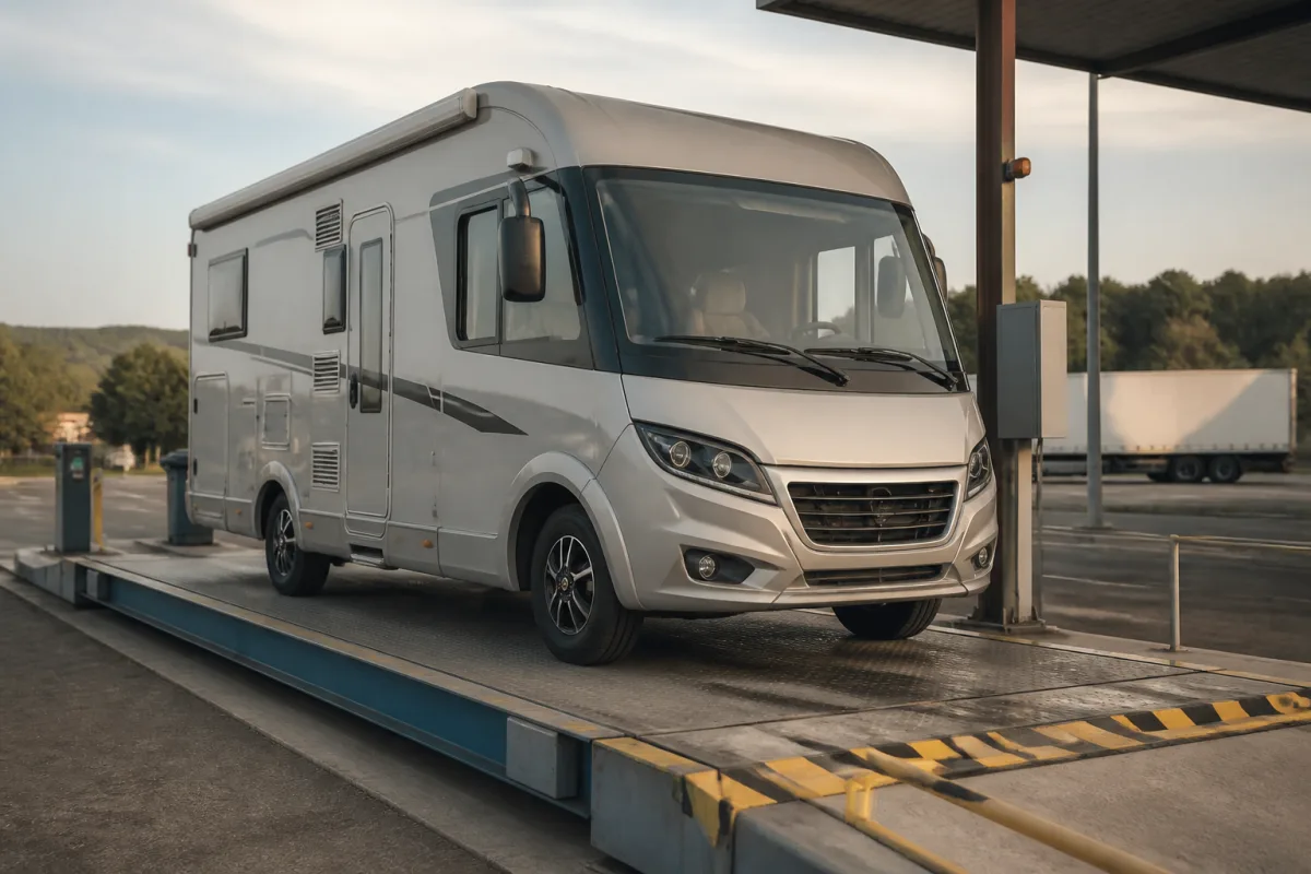 Camping‑car posé sur une plateforme de pesée, plaque de masse visible et balance en premier plan