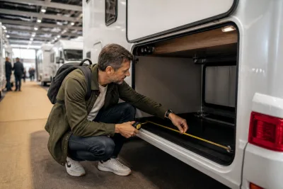 Personne mesurant la hauteur d'une soute de camping-car au Salon, hall d'exposition