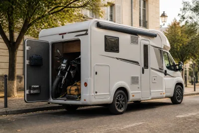 Profilé compact ~6,50 m stationné, soute arrière ouverte avec une moto légère et bagages partiellement chargés