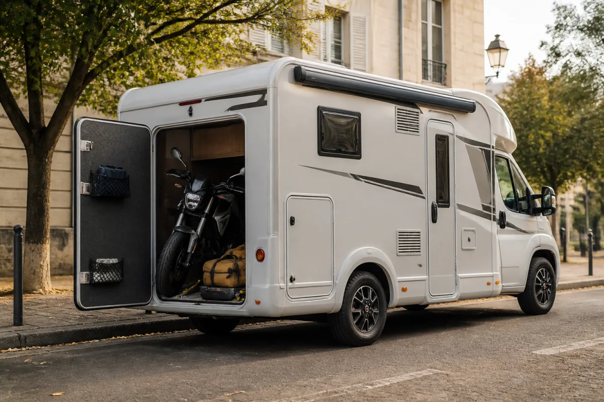 Profilé compact ~6,50 m stationné, soute arrière ouverte avec une moto légère et bagages partiellement chargés