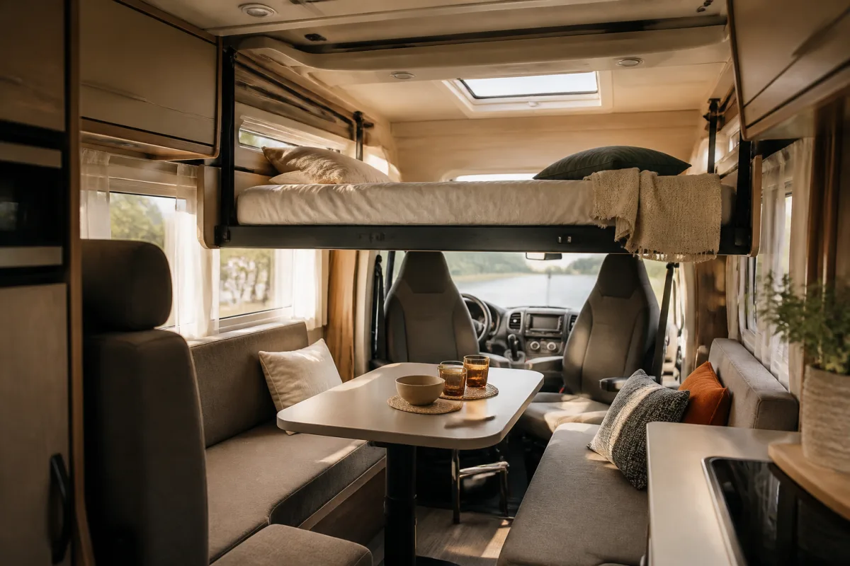 Intérieur d’un profilé compact : lit de pavillon partiellement descendu au‑dessus d’un salon face‑face