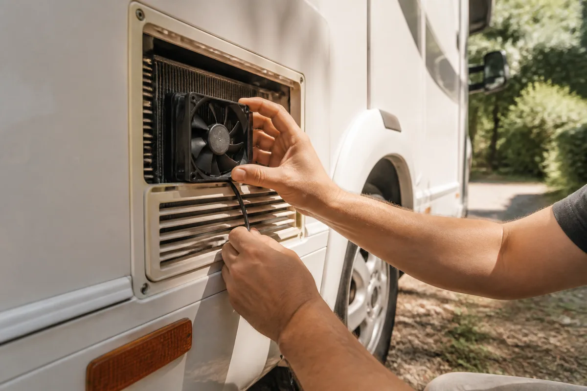 Grille arrière de frigo de camping-car avec petit ventilateur 12 V posé à côté, véhicule stationné à l'ombre