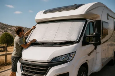 Pose d'un écran extérieur thermique sur le pare‑brise d'un camping‑car stationné en plein soleil