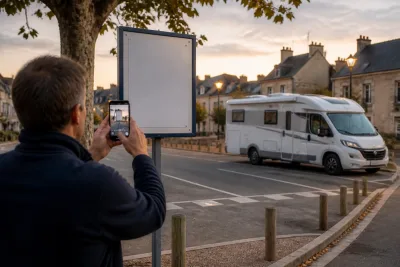 Camping‑car garé près d’un panneau indiquant le règlement de stationnement, main tenant un smartphone pour photographier l’affichage