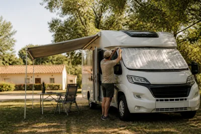 Camping‑car garé à l'ombre d'arbres, personne ajustant un pare‑soleil extérieur et l'auvent