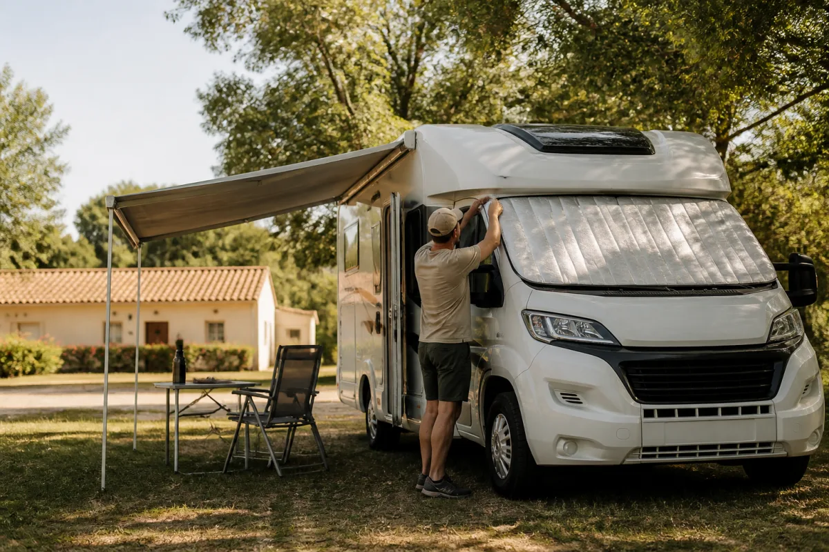 Camping‑car garé à l'ombre d'arbres, personne ajustant un pare‑soleil extérieur et l'auvent