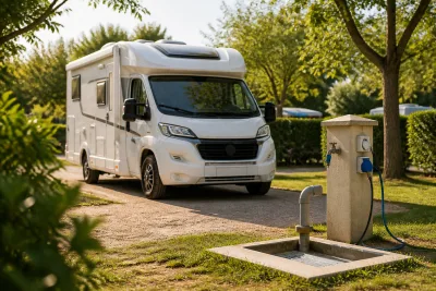 Camping-car se positionnant sur une parcelle avec borne électrique, robinet et aire de vidange visibles