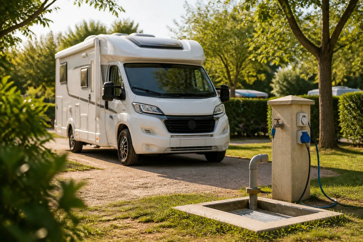 Camping-car se positionnant sur une parcelle avec borne électrique, robinet et aire de vidange visibles