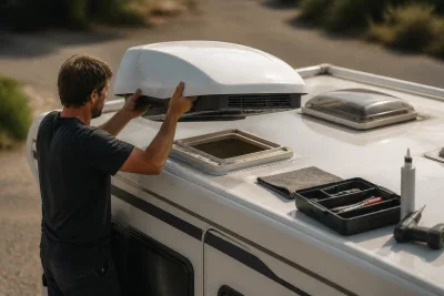 Technicien alignant un climatiseur de toit sur une découpe 40×40 cm d’un camping‑car