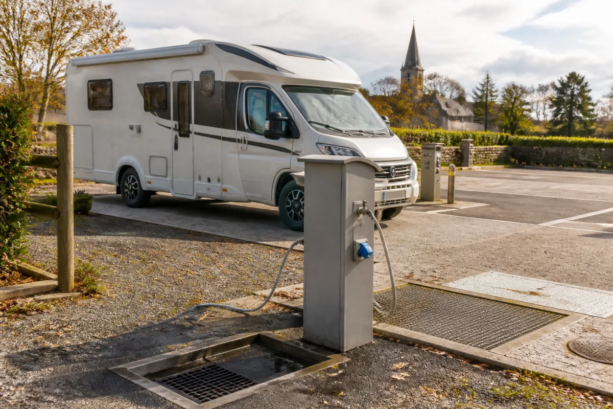 Camping-car garé devant une borne de service avec point d'eau et colonne électrique affichant l'ampérage