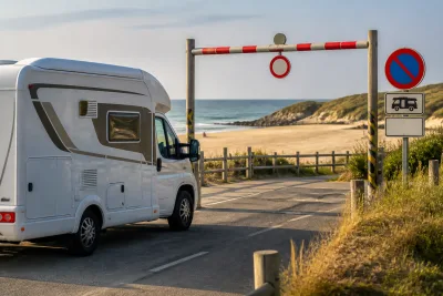 Camping‑car stationné près d’un portique de hauteur et d’un panneau indiquant les horaires de stationnement