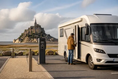 Camping‑car garé dans un parking visiteurs, Mont‑Saint‑Michel visible à l'horizon, borne de paiement à proximité