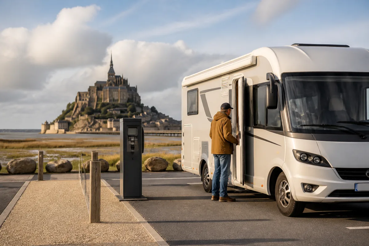 Camping‑car garé dans un parking visiteurs, Mont‑Saint‑Michel visible à l'horizon, borne de paiement à proximité