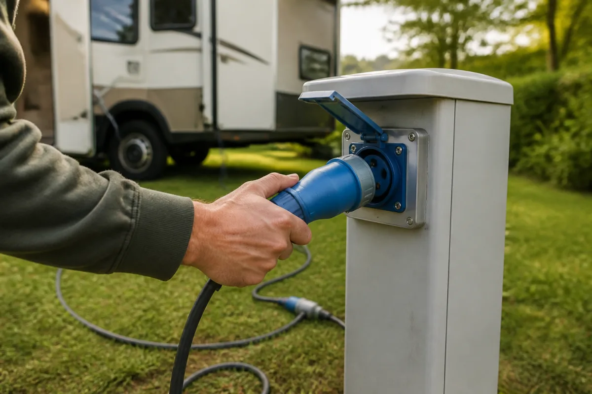 Fiche CEE bleue branchée sur une borne 230 V au sol d’un emplacement de camping