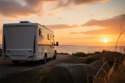 Camping-car garé face à un horizon ouest bas au crépuscule, vue dégagée vers le soleil