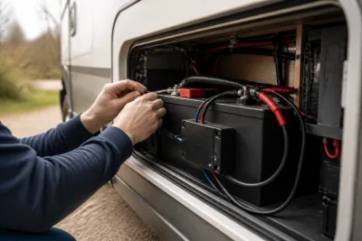 Coffre de batterie d’un camping-car montrant une batterie LiFePO4, le BMS et les câbles de charge