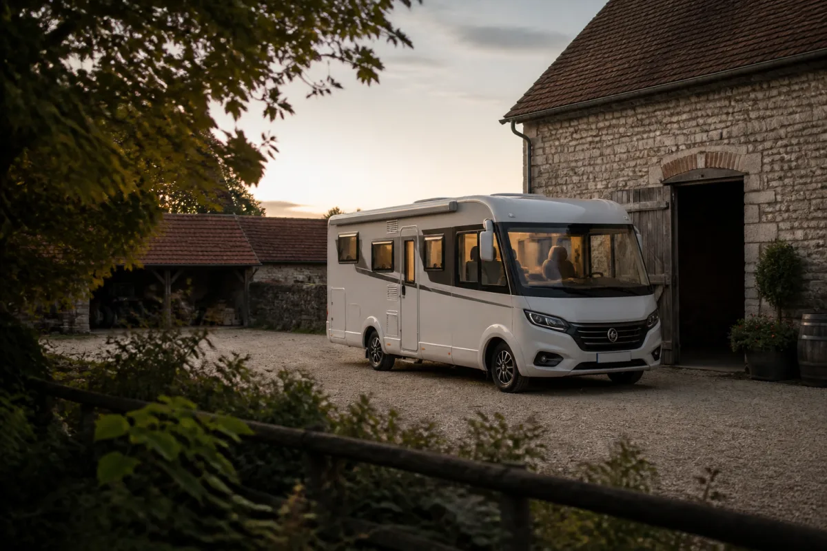 Camping‑car garé discrètement dans la cour d'une ferme, sans store ni mobilier extérieur