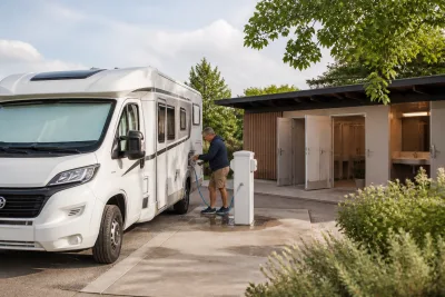 Camping-car garé à une aire, colonne de service et bâtiment sanitaire visible en arrière-plan