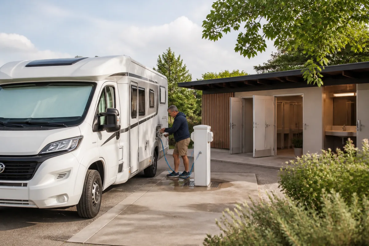 Camping-car garé à une aire, colonne de service et bâtiment sanitaire visible en arrière-plan