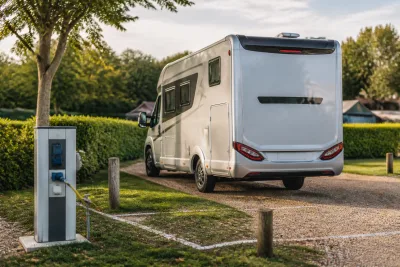 Camping-car manœuvrant pour se garer près d'une borne électrique et d'un arbre sur une parcelle