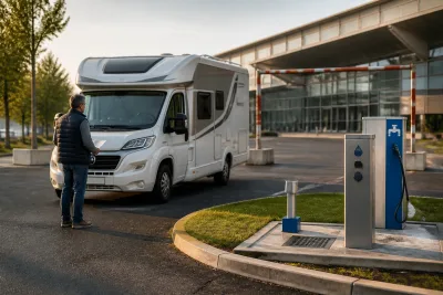 Camping‑car stationné près de l’entrée d’un parc des expositions, barrière de hauteur et borne de services visibles