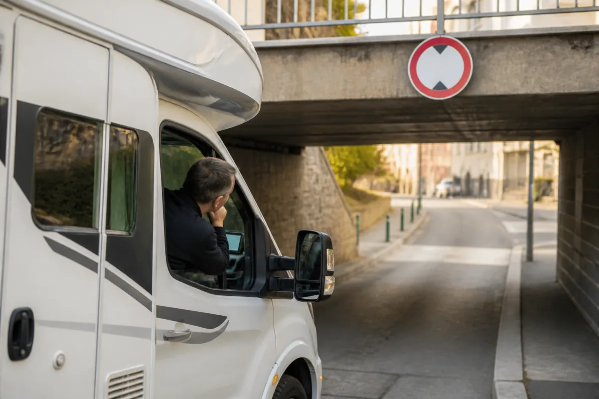 Camping-car arrêté devant un pont bas, conducteur vérifiant la pancarte de hauteur et l’autocollant H au tableau de bord