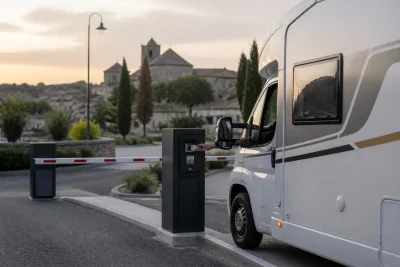 Camping‑car approchant une barrière d'entrée automatisée avec une borne de paiement à côté