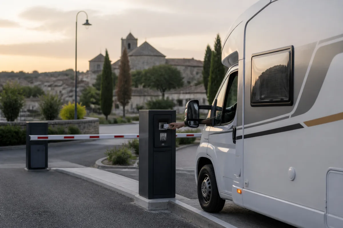 Camping‑car approchant une barrière d'entrée automatisée avec une borne de paiement à côté