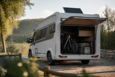 Profilé de camping-car stationné, soute arrière ouverte montrant un vélo électrique et panneau solaire sur le toit
