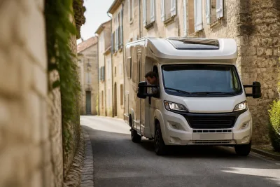 Camping-car compact circulant lentement dans une rue de village étroite, rétroviseur extérieur apparent