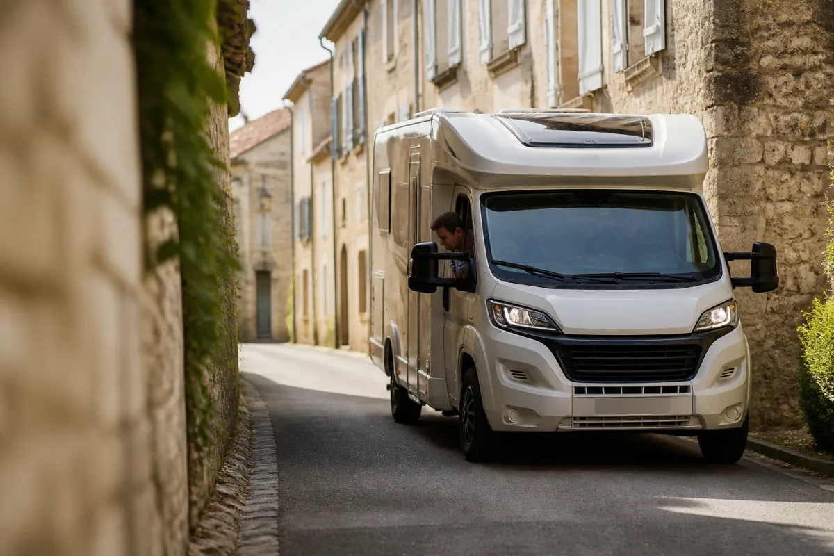 Camping-car compact circulant lentement dans une rue de village étroite, rétroviseur extérieur apparent
