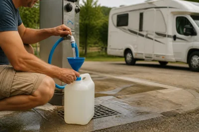 Personne remplissant un jerrican alimentaire à une borne de service pour camping-car