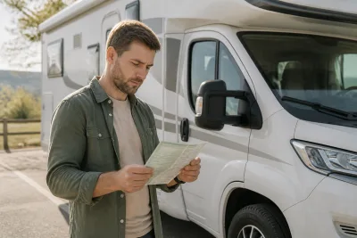 Main tenant la carte grise d’un camping‑car, le PTAC visible sur le document