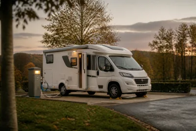Camping-car stationné sur une aire de services, raccord à la borne eau/électricité visible