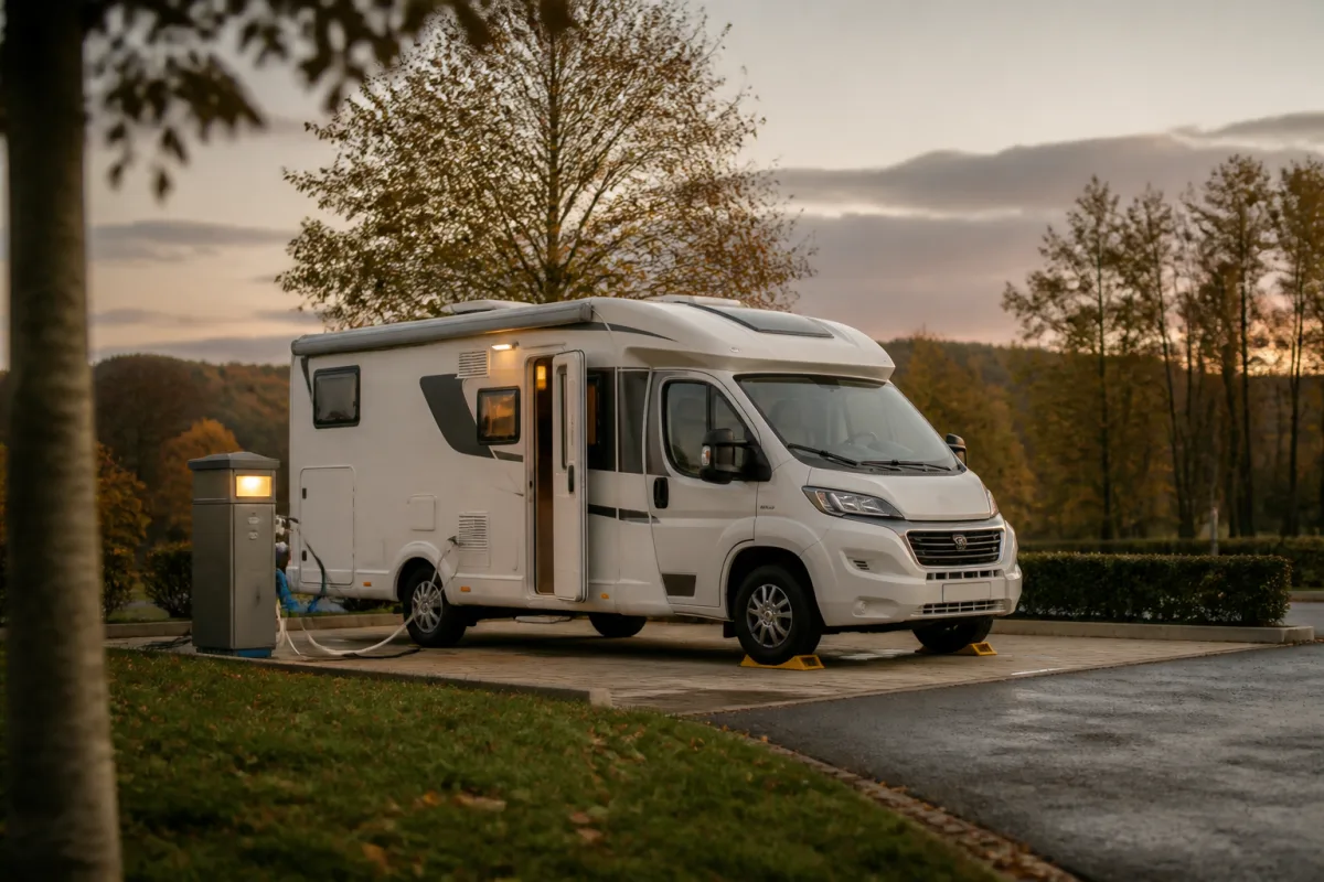 Camping-car stationné sur une aire de services, raccord à la borne eau/électricité visible