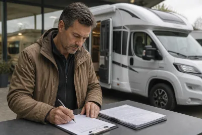 Main tenant un stylo signant une annexe options posée sur un clipboard devant un camping-car