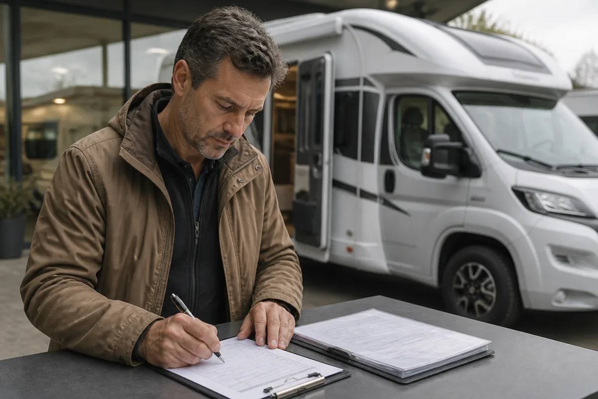 Main tenant un stylo signant une annexe options posée sur un clipboard devant un camping-car