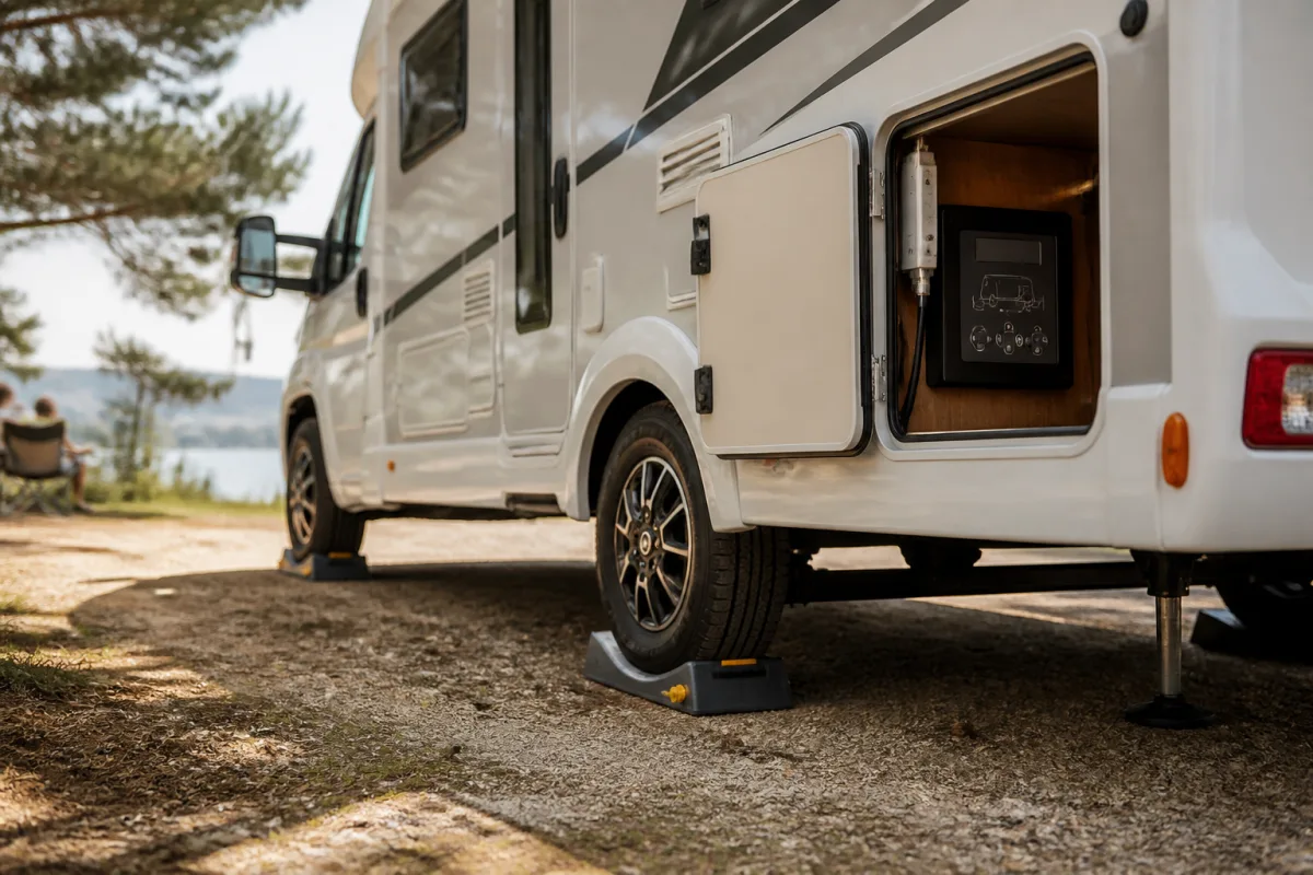 Camping-car posé sur un léger dévers avec cales sous les roues et panneau de commande de nivelage visible