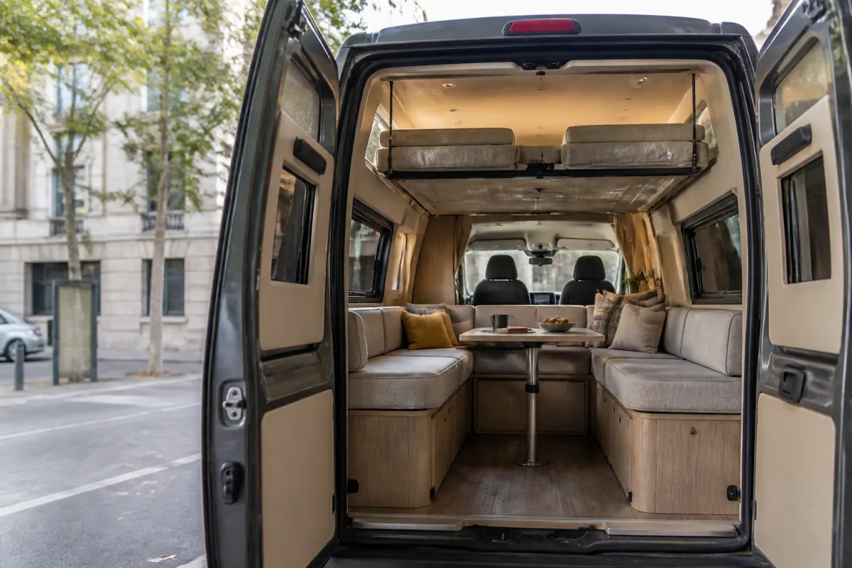 Quai arrière d’un fourgon 6,36 m avec salon en U et mécanisme de lit de pavillon replié