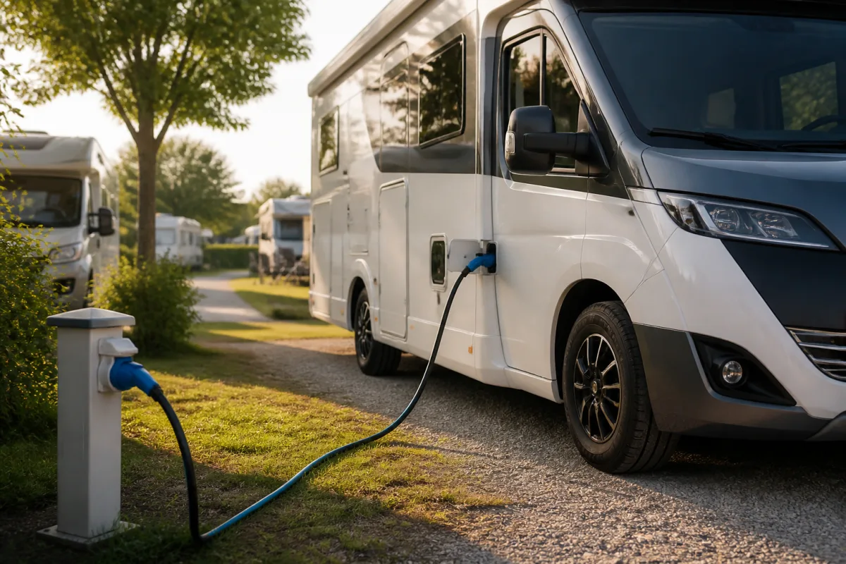 Camping‑car électrique branché sur une prise CEE bleue sur un emplacement de camping