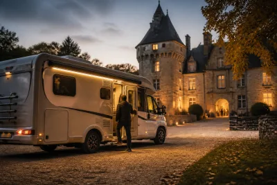 Camping-car garé au crépuscule devant un château, porte latérale ouverte et lumière extérieure allumée