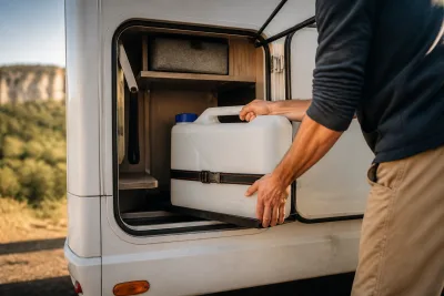 Jerrican d'eau de 20–30 l arrimé bas dans la soute d'un camping-car