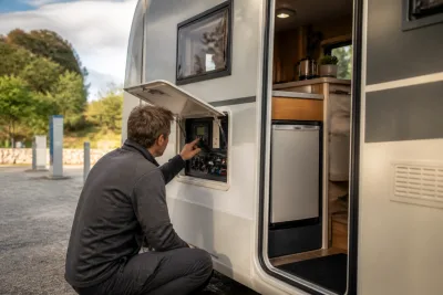 Camping‑car garé sur une aire, personne vérifiant le panneau de batteries et la position du frigo