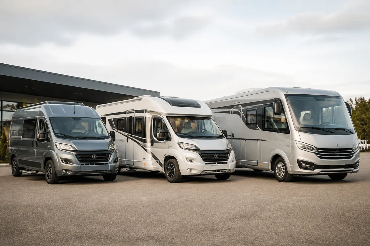 Trois camping-cars neufs alignés : fourgon compact, profilé moyen et liner plus long, pour comparer leurs gabarits