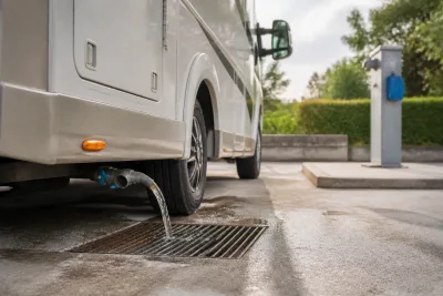 Sortie d'eaux grises d'un camping-car alignée sur une grille d'aire de services, vanne ouverte